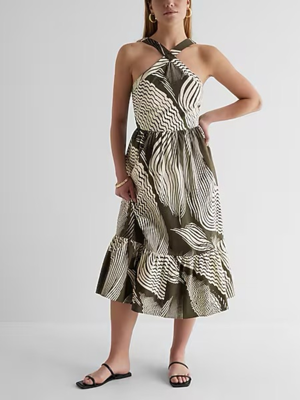 Express Olive & Cream Halter Midi Dress with Abstract Print